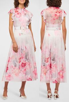 Leo Lin Floral Dress 2023. Pink Floral Summer Dress 2023. Pink Floral Wedding Guest dress 2023. Dress for Summer Wedding Guest 2023. What to wear to a Summer Wedding 2023. How to wear Pink 2023. Pink outfit ideas 2023. Pink Summer dresses 2023. Pink Floral Midi Dress 2023. Pink Floral dress for Mother of the Bride 2023. LEO LIN "Grace" pleated midi dress in a bouquet floral print features a neck self-tie and a matching belt. Pink Summer Dresses, Pink Floral Summer Dress