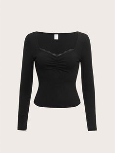 Black Casual Collar Long Sleeve Fabric Plain  Embellished Medium Stretch  Women Clothing Rib Knit Crop Top, Clothes Streetwear, Crop Top Women, Shirt Y2k, Y2k Clothes, Long Sleeve Tops Casual, Lace Crop Tops, Casual Lace, Solid Clothes