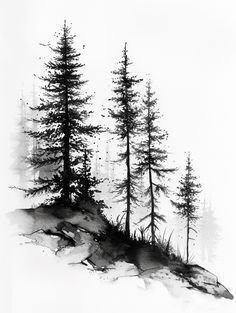 a black and white drawing of trees on a snowy hill with snow in the foreground