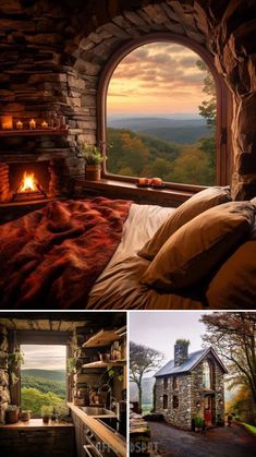 the inside of a stone cabin with a fireplace and bed in front of an open window