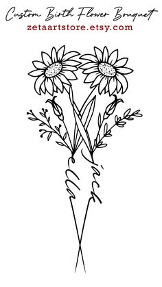 some flowers are drawn in black and white on a card with the words garden birth flower bouquet