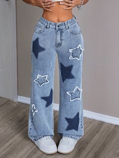 Women's Wide Leg Starry Print Jeans With Distressed Cut Design Light Wash Casual   Denim Geometric Wide Leg Non-Stretch  Women Clothing, size features are:Bust: ,Length: ,Sleeve Length: Cute Jeans Design, Things To Paint On Jeans, Jeans Design Ideas, Star Patchwork Jeans, Adrette Outfits, Raw Hem Jeans, Jeans Casual