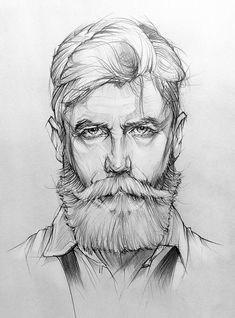 a pencil drawing of a man with a beard and mustache on his face, looking to the side