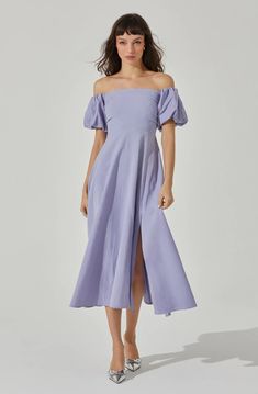 Off Shoulder Puff Sleeve Midi Dress – ASTR the Label Women Cocktail Attire, Womens Cocktail Attire, Wedding Dress Codes, Pastel Midi Dress, Plus Size Wedding Guest Dress, Off Shoulder Puff Sleeve, Periwinkle Dress, Shoulder Puff Sleeve, Dress Code Wedding