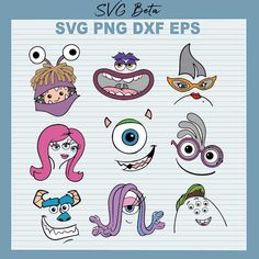 various cartoon faces on lined paper with the words svg png dxf eps