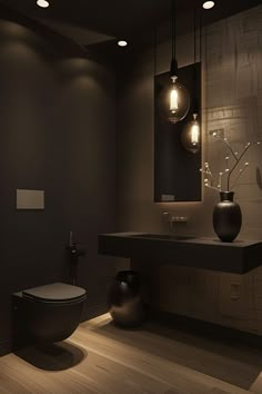 a bathroom with a toilet, sink and lights