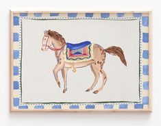 a painting of a horse with blue and white stripes on it's sides, in a wooden frame