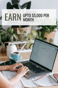 a woman is typing on her laptop with the words earn up to $ 500 per month