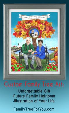 the family tree art is displayed in front of a blue background with an image of two people