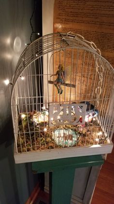 a bird in a cage with candles inside