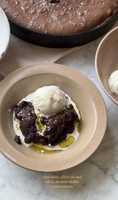 two plates with dessert and ice cream on them