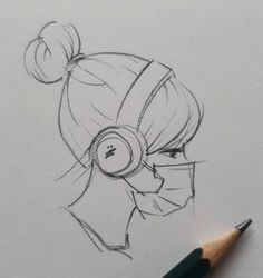 a pencil drawing of a girl with headphones