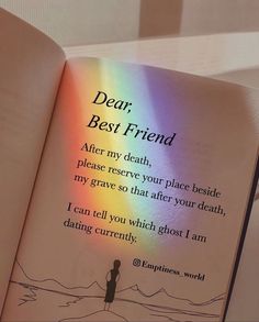 an open book with the words dear, best friend on it and a rainbow in the background