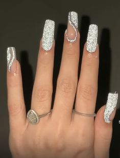 Silver Glitter Nails With Design, Nails Prom Silver, Sliver Prom Nails Acrylic, Silver Sparkly Nails Coffin, Silver Sparkly Prom Nails, Silver Nail Ideas For Prom, Prom Nails Silver Glittery, Sparkly Silver Nails, Weddig Nails