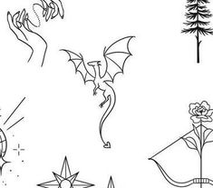 four different types of tattoos on white paper with stars and trees in the background, including one