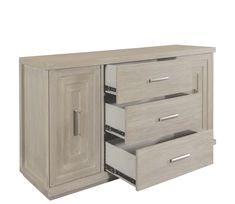 an open cabinet with two drawers on one side and another drawer in the other end