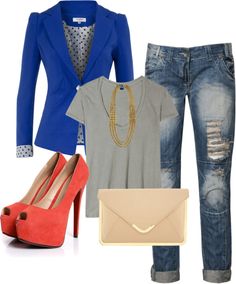 Royal Blue, Grey, Jeans, Coral, Nude Outfit "lfl" by lanena0986 on Polyvore Nude Outfit, Coral Heels, Nude Outfits, Shoes Blue, Destroyed Jeans, Grey Jeans, Grey Shirt, Look Fashion, Distressed Jeans