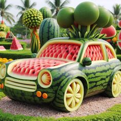 a car made out of watermelon and other fruits