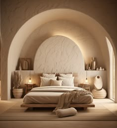 a large bed sitting in a bedroom next to a wall with an arch over it