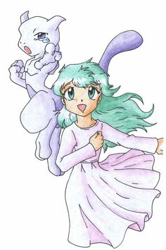 a drawing of a girl with green hair and a cat on her back, holding an object in one hand