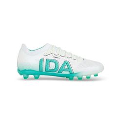 a white and blue soccer shoe with the word ida on it's side