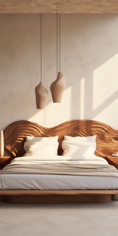 a bed with two lamps hanging above it