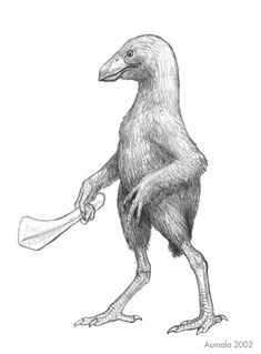 a drawing of a bird with a long beak holding a spatula in it's hand