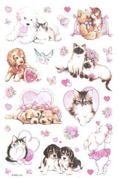 a bunch of cats and dogs on a white background with hearts, flowers, and other animals