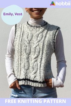 a woman wearing a white sweater and jeans with the text free knitting pattern on it