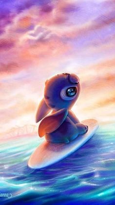 a cartoon character sitting on top of a surfboard in the ocean