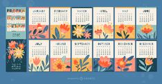 a calendar with flowers on it and the date in each month, which has been changed to