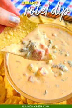 a hand holding a tortilla chip and dipping it into a bowl of dip