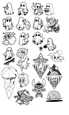 a bunch of cartoon characters drawn in black and white with the words halloween on them