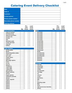 the catering event delivery checklist is shown in blue and white, as well as other items