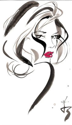 a drawing of a woman's face with long hair and red lipstick on her lips