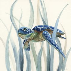 a watercolor painting of a sea turtle swimming in the ocean with reeds behind it