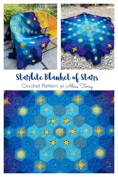 the finished crochet blanket is shown in blue and yellow, with stars on it