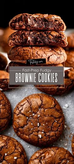 chocolate brownie cookies stacked on top of each other with text overlay that reads fast - fried fudgey brownie cookies