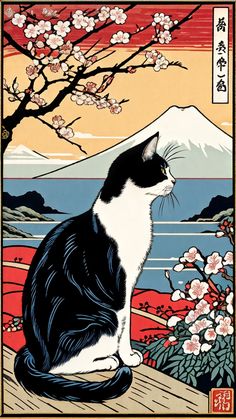 a black and white cat sitting on top of a wooden table next to flowers in front of a mountain