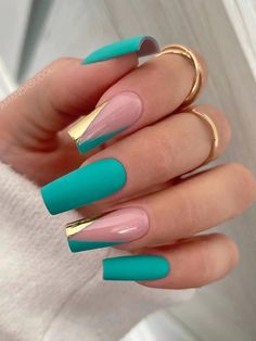 Teal Acrylic Nails, Turquoise Nail Designs, Teal Nail Designs, Heart Nails, Coffin Nails Designs, Dope Nails