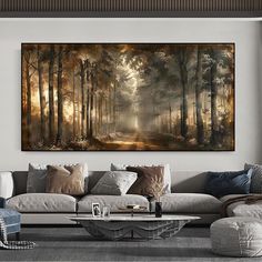 a living room with a large painting on the wall and couches in front of it