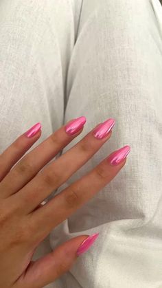 Strawberry Crome Nails, Strawberry Pink Chrome Nails, Strawberry Chrome Nails, Summer Nail 2024 Trends Pink, Hot Pink Nails With Chrome, Italy Vacation Nails, Simple Summer Nail Ideas 2024, Bright Pink Chrome Nails, Nail Inspo Summer 2024