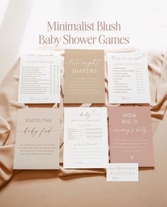 the minimalist blush baby shower games are on display