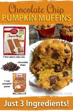 chocolate chip pumpkin muffins with text overlay that reads, just 3 ingredients