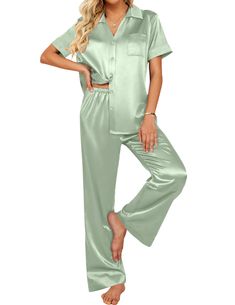 PRICES MAY VARY. Material: Silk pajama set is made of premium lightweight, breathable and skin-friendly fabric, just like wrapped in a cloud, helping you have a sound sleep Silk Tops: Short sleeve button down t-shirt, v-neck, and a chest pocket. This pajama shirts can be worn as a casual button blouse shirt. Great for sleeping,casual wear or lounging around the house or yard all day Wide Leg Pants: elasticated waist, two pockets, loose fit and flowy, long enough. This silk lounge pants can be pa Satin Pajamas Set, Bridal Pajamas, Pjs Set, Silk Pajamas Women, Bridesmaid Pyjamas, Satin Set, Satin Pajama, Silk Sleepwear, Silk Bottoms