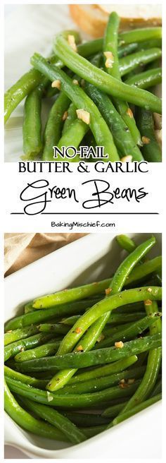 green beans with butter and garlic on top in a white bowl, next to the same image