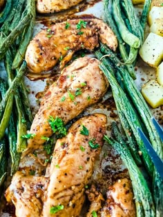 chicken, asparagus and potatoes on a sheet pan