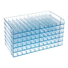 a stack of clear plastic drawers on a black background