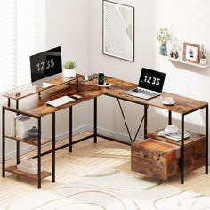 a computer desk with two laptops on top of it and a plant in the corner