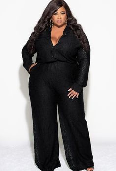 Plus Size Wedding Guest Outfit Pants, Plus Size Corporate Goth, Plus Size Wedding Guest Outfit, Black Pant Suit, Chic And Curvy, Top And Pants Set, Long Sleeve Jumpsuit, Button Up Top, Plus Size Wedding